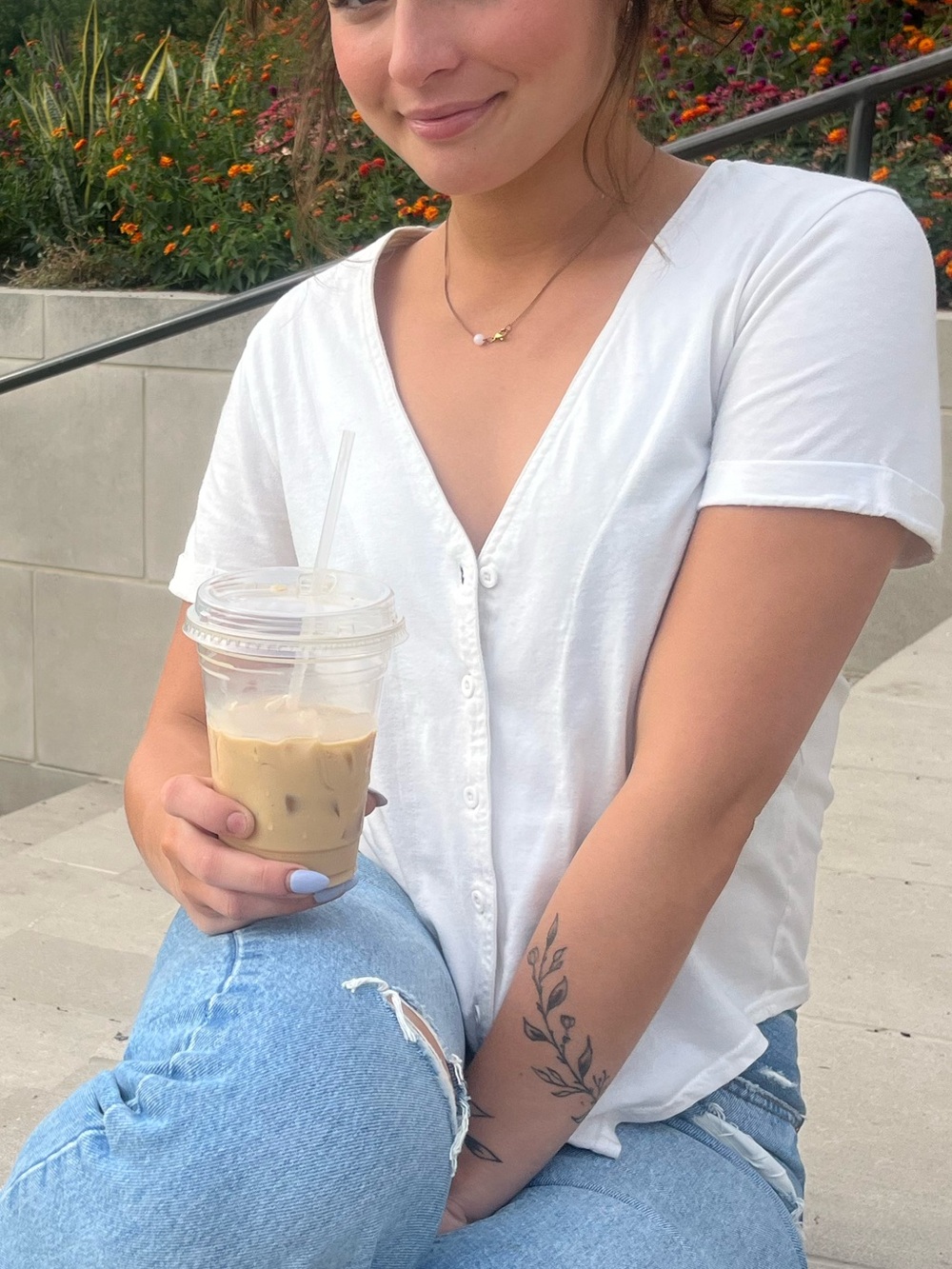 Casual V-Neck White Button Tee